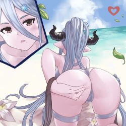 Rule 34 | 1girl, all fours, ass, back, bare shoulders, beach, bikini, blue sky, blush, breasts, brown eyes, draph, flower, granblue fantasy, hair between eyes, hair ornament, hand on own ass, highres, iiros, izmir, large breasts, leaf, long hair, looking at viewer, mole, mole under mouth, one-piece swimsuit, open mouth, pointy ears, ponytail, silver hair, sky, snowflake hair ornament, solo, swimsuit, thigh strap, thighs, very long hair, white bikini