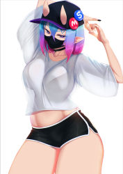Rule 34 | 1girl, arms up, baseball cap, black choker, black hat, black nails, black shorts, blue hair, blueorca, bra visible through clothes, breasts, choker, commentary request, cowboy shot, dolphin shorts, gradient hair, hair between eyes, hat, highres, horns, horns through headwear, large breasts, mask, midriff, mouth mask, multicolored hair, nail polish, oni, oni horns, original, own hands together, pink hair, pointy ears, purple eyes, purple hat, see-through silhouette, shirt, short hair, short shorts, short sleeves, shorts, solo, standing, stretching, t-shirt, two-tone hair, two-tone headwear, white shirt, wide sleeves