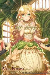 Rule 34 | 1girl, 2others, 3:, age of ishtaria, ahoge, applying makeup, aqua eyes, bare shoulders, blonde hair, blush, breasts, clenched hand, closed mouth, company name, copyright name, copyright notice, curly hair, detached collar, detached sleeves, dress, dressing, eyelashes, female focus, flower, frills, gem, green eyes, hair between eyes, hand on own cheek, hand on own face, holding, indoors, jewelry, kikugetsu, layered dress, light particles, logo, long hair, long sleeves, looking at viewer, maid, makeup, multiple others, official art, out of frame, plant, primavera (age of ishtaria), puffy sleeves, rouge (makeup), small breasts, smile, solo focus, sunlight, symbol-shaped pupils, very long hair, vines, white dress
