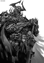 Rule 34 | 1boy, armor, belt, breastplate, cape, commentary request, fake horns, fate/grand order, fate (series), full armor, gauntlets, greyscale, hands on hilt, helmet, holding, holding sword, holding weapon, horned helmet, k-suwabe, king hassan (fate), male focus, monochrome, pauldrons, shoulder armor, simple background, skull, solo, spikes, standing, sword, weapon, white background