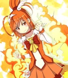 Rule 34 | 10s, 1girl, ahoge, choker, clenched hand, clenched hands, collarbone, cure sunny, explosion, fiery background, fire, hair bun, hino akane (smile precure!), magical girl, nosuku, orange background, orange eyes, orange hair, orange skirt, orange theme, precure, red shorts, shorts, shorts under skirt, single hair bun, skirt, smile, smile precure!, solo, tiara