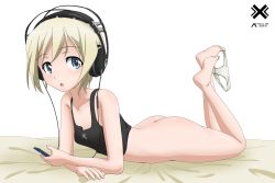 Rule 34 | 1girl, absurdres, acrux, ass, black tank top, blonde hair, blue eyes, blush, bottomless, breasts, collarbone, erica hartmann, headphones, highres, looking at viewer, open mouth, panties, unworn panties, shiny skin, short hair, simple background, small breasts, solo, strike witches, tank top, underwear, white background, white panties, world witches series