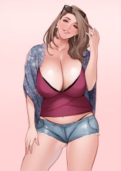 Rule 34 | 1girl, absurdres, black bra, blue eyes, bra, breasts, brown hair, cleavage, cutoffs, denim, denim shorts, earrings, english text, eyewear on head, grin, hand on thigh, highres, jewelry, jnsdh, large breasts, long hair, looking at viewer, mature female, mole, mole on breast, navel, original, red tank top, ring, shawl, short shorts, shorts, smile, solo, standing, tank top, thighs, underwear
