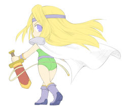Rule 34 | 1990s (style), 1girl, armor, blonde hair, blue eyes, boots, cape, celes chere, chibi, final fantasy, final fantasy vi, from behind, kasuga yukihito, leotard, long hair, pauldrons, shoulder armor, solo, sword, weapon