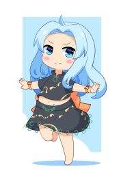 Rule 34 | 1girl, absurdres, back bow, barefoot, blue eyes, blue hair, bow, chibi, closed mouth, commentary request, forehead, green shirt, green skirt, happy, highres, himemushi momoyo, jewelry, light blue hair, long hair, midriff, navel, nokori tsuki, orange bow, orange ribbon, outstretched arms, patterned clothing, ribbon, ring, shirt, short sleeves, skirt, skirt set, smile, solo, standing, touhou, waist bow