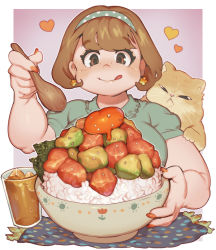 Rule 34 | 1girl, aqua shirt, bowl, breasts, brown eyes, brown hair, cat, collar, collared shirt, cup, drink, dripping, earrings, food, frilled collar, frills, hairband, heart, ice, ice cube, jewelry, large breasts, nail polish, original, plump, red nails, rice, sanjiro (tenshin anman), shirt, short hair, short sleeves, smile, solo, spoon, thick arms, tongue, tongue out, upper body, wooden spoon