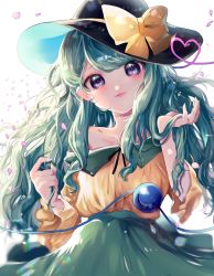 Rule 34 | 1girl, absurdres, alternate eye color, alternate hair length, alternate hairstyle, bare shoulders, black hat, black ribbon, blue eyes, blush, bow, commentary request, cowboy shot, green hair, green skirt, hands up, hat, hat bow, head tilt, heart, heart of string, highres, komeiji koishi, long hair, long sleeves, looking at viewer, nail polish, off shoulder, petals, pink lips, ribbon, shirt, simple background, skirt, smile, solo, suzune hapinesu, swept bangs, third eye, touhou, white background, wide sleeves, yellow bow, yellow nails, yellow shirt