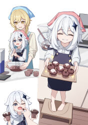 2girls alternate_costume apron baking barefoot batter blonde_hair blue_apron closed_eyes collared_shirt commentary_request contemporary cupcake dot_nose eating facing_viewer feeding food full_body genshin_impact grin hair_ornament highres holding holding_food holding_whisk indoors long_sleeves looking_at_another looking_up lumine_(genshin_impact) mixing_bowl multiple_girls multiple_views one_eye_closed open_mouth paimon_(genshin_impact) shirt short_hair_with_long_locks smile sparkle strap_slip whisk white_hair white_shirt wooden_floor yellow_eyes yuu_maraa