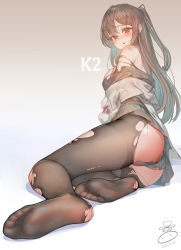 Rule 34 | 1girl, ass, bad id, bad pixiv id, bare shoulders, black panties, black pantyhose, blush, breasts, brown eyes, brown hair, character name, dated, feet, girls&#039; frontline, gradient background, hair ornament, hair ribbon, hairclip, k2 (girls&#039; frontline), legs, long hair, long sleeves, looking at viewer, medium breasts, no shoes, off shoulder, one side up, open mouth, panties, panties under pantyhose, pantyhose, pantyshot, ribbon, signature, simple background, sitting, smile, soles, solo, suerte, thighband pantyhose, toes, torn clothes, torn panties, torn pantyhose, underwear, yokozuwari