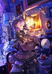 Rule 34 | 1girl, atelier umiyury, black capelet, black dress, book, book stack, bottle, brooch, capelet, commentary, dress, english commentary, flower, food, frilled capelet, frilled dress, frills, gem, highres, holding, holding lantern, hourglass, indoors, jewelry, lamp, lantern, light particles, long sleeves, night, original, picture frame, plant, plate, potted plant, profile, purple eyes, purple hair, red flower, red rose, rose, short hair, signature, skull, solo, window, wine bottle