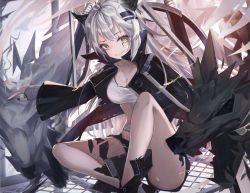 Rule 34 | 1girl, animal ears, arknights, bare arms, black jacket, black nails, breasts, cleavage, commentary, crop top, feet out of frame, female focus, fingerless gloves, gloves, grey eyes, grey gloves, grin, hair ornament, hairclip, high collar, highres, jacket, kinako12547, lappland (arknights), large breasts, long hair, long sleeves, looking at viewer, material growth, midriff, nail polish, open clothes, open jacket, originium arts (arknights), oripathy lesion (arknights), scar, scar across eye, scar on face, silver hair, sitting, smile, solo, thighs, wide sleeves, wolf ears