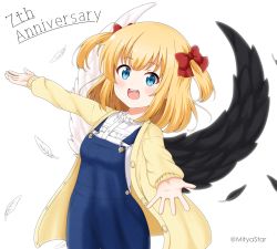 Rule 34 | 1girl, :d, anniversary, asymmetrical wings, black feathers, black wings, blonde hair, blue eyes, blush, bow, brown jacket, commentary request, feathered wings, feathers, frilled shirt, frills, hair bow, jacket, long sleeves, looking at viewer, marl (shironeko project), mismatched wings, mitya, open clothes, open jacket, open mouth, outstretched arms, overall skirt, red bow, shironeko project, shirt, simple background, sleeves past wrists, smile, solo, teeth, twitter username, two side up, upper teeth only, white background, white feathers, white shirt, white wings, wings