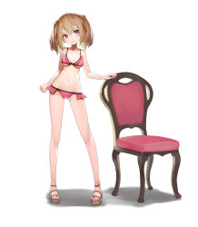 Rule 34 | 1girl, alice gear aegis, bare arms, bare legs, bare shoulders, bikini, breasts, brown footwear, brown hair, chair, closed mouth, commentary request, frilled bikini, frills, full body, head tilt, highres, kimikage yui, looking at viewer, medium breasts, medium hair, nail polish, navel, pink bikini, pink nails, platform footwear, purple eyes, sandals, shadow, simple background, smile, solo, standing, string bikini, sunga2usagi, swimsuit, toenail polish, toenails, twintails, white background, wooden chair