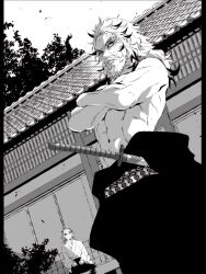 Rule 34 | 2boys, aged up, architecture, beard, building, clothes down, colored tips, cowboy shot, crossed arms, day, dutch angle, east asian architecture, facial hair, father and son, forked eyebrows, hair down, hakama, highres, japanese clothes, kimetsu no yaiba, kimono, long sleeves, looking at another, looking at viewer, male focus, medium hair, multicolored hair, multiple boys, navel, nyapon, old, old man, outdoors, porch, rengoku senjurou, rengoku shinjurou, sash, seiza, sheath, sheathed, sitting, solo focus, streaked hair, sword, toned, toned male, topless male, veranda, weapon