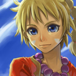 Rule 34 | 1girl, blonde hair, blue eyes, chrono (series), chrono cross, closed mouth, jewelry, kid (chrono cross), multi-tied hair, namae kide, necklace, nyaasora, pearl necklace, smile, solo, spiked hair, upper body
