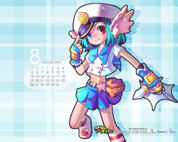 Rule 34 | 00s, 1girl, 2006, 2007, blue background, blue eyes, blue gloves, blue hair, blue sailor collar, blush, calendar, company name, copyright name, crop top, fang, fingerless gloves, gloves, hat, heterochromia, holding, holding weapon, kneehighs, latale, matching hair/eyes, midriff, nose blush, official art, official wallpaper, plaid, plaid background, pleated skirt, red eyes, sailor, sailor collar, school uniform, serafuku, shoes, short sleeves, silhouette, skirt, smile, socks, solo, star (symbol), striped clothes, striped socks, wallpaper, warrior (latale), watermark, weapon, web address
