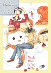 Rule 34 | 1boy, 1girl, black eyes, black hair, blush, couple, hat, monkey d. luffy, nami (one piece), one piece, orange hair, pirate, short hair, smile, tattoo