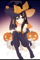 Rule 34 | 1girl, bare shoulders, bed sheet, black hair, black thighhighs, blue eyes, blush, braid, breasts, cleavage, commentary, dress, frilled dress, frills, gloves, hair between eyes, hair ornament, hair over shoulder, hair ribbon, hairpin, halloween, hand on headwear, hat, hat ribbon, jack-o&#039;-lantern, juliet sleeves, kantai collection, knees up, letterboxed, long hair, long sleeves, looking at viewer, medium breasts, naoto (tulip), no shoes, off shoulder, panties, pantyshot, parted lips, puffy sleeves, pumpkin, ribbon, shigure (kancolle), shigure kai ni (kancolle), single braid, sitting, solo, striped clothes, striped panties, symbol-only commentary, thighhighs, underwear, witch, witch hat