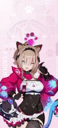 Rule 34 | 1girl, animal, animal ears, animal hands, black gloves, black headwear, black thighhighs, box, breasts, can (honkai impact), cat, cat ears, cat girl, cat tail, character name, chinese commentary, clenched hand, fingerless gloves, gift, gift box, gloves, green eyes, happy birthday, high ponytail, highres, holding, holding gift, honkai (series), honkai impact 3rd, jacket, jumping, large breasts, looking at viewer, mole, mole under eye, multicolored hair, nail polish, navel, official alternate costume, official art, official wallpaper, open clothes, open jacket, open mouth, pardofelis (honkai impact), pink jacket, pink sleeves, simple background, streaked hair, tail, thighhighs, upper body