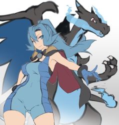 Rule 34 | 1girl, armpits, black cape, blue bodysuit, blue eyes, blue fire, blue gloves, blue hair, blue wings, bodysuit, breasts, breath weapon, breathing fire, cape, charizard, clair (pokemon), claws, closed mouth, covered navel, cowboy shot, creatures (company), dragon, earrings, fire, flame-tipped tail, game freak, gen 1 pokemon, gloves, gluteal fold, gradient background, grey background, groin, gym leader, hair between eyes, high ponytail, jewelry, long hair, looking at viewer, medium breasts, mega charizard x, mega pokemon, nintendo, outstretched arm, parted bangs, pokemon, pokemon (creature), pokemon hgss, purple cape, red eyes, sajittari, sharp teeth, sketch, smile, solo, tail, teeth, white background, wings