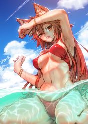 Rule 34 | 1girl, animal ears, arm up, armpits, bangle, bikini, blue sky, bracelet, breasts, cloud, commentary request, commission, contrail, day, hair between eyes, halterneck, highres, jewelry, kionaoki, long hair, medium breasts, nail polish, navel, o-ring, o-ring bikini, o-ring bottom, orange eyes, original, outdoors, parted lips, partially submerged, red bikini, red hair, sitting, skeb commission, sky, solo, swimsuit, tail, wariza, water, wet