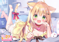 Rule 34 | 1girl, :d, animal ear fluff, animal ears, bare shoulders, barefoot, blonde hair, blurry, blurry background, blush, bow, breasts, cat ears, cat girl, cat tail, cleavage, collar, collarbone, commentary request, couch, depth of field, dress, fang, fish hair ornament, green eyes, hair between eyes, hair ornament, hand up, indoors, long hair, looking at viewer, lying, medium breasts, on couch, on stomach, open mouth, original, pan (mimi), paw pose, pillow, red bow, red collar, single wrist cuff, sleeveless, sleeveless dress, smile, soles, solo, strap slip, tail, tail bow, tail ornament, translation request, wrist cuffs, x x, yellow dress