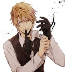 Rule 34 | 1boy, bad id, bad pixiv id, blonde hair, bow, bowtie, brown eyes, durarara!!, gloves, grin, heiwajima shizuo, highres, itohara, male focus, mouth hold, short hair, smile, solo, vest