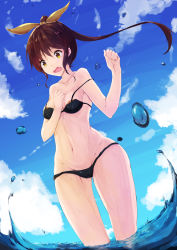 Rule 34 | 1girl, absurdres, arm at side, bikini, bikini top only, black bikini, breasts, brown hair, cleavage, cloud, cloudy sky, day, dutch angle, fang, female focus, groin, hand on own chest, highres, long hair, looking down, lowleg, lowleg bikini, medium breasts, navel, open mouth, original, outdoors, partially submerged, ponytail, senwa, sidelocks, sky, solo, standing, strap slip, swimsuit, thighs, wading, wardrobe malfunction, water drop, yellow eyes