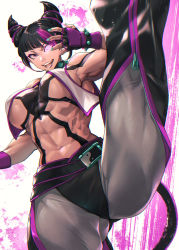 Rule 34 | 1girl, abs, aqua nails, armpits, ass, aura, belt, black belt, black hair, black panties, blunt bangs, bracelet, breasts, chaps, collar, cowboy shot, crazy eyes, drill hair, fingerless gloves, gloves, glowing, glowing eye, hair horns, han juri, highres, jewelry, kicking, large breasts, looking at viewer, mikel (4hands), multicolored hair, muscular, muscular female, nail polish, open mouth, panties, panties over leggings, pants, partially unzipped, purple eyes, purple hair, shiny clothes, shiny skin, shirt, short hair, simple background, skin tight, smile, solo, spiked bracelet, spiked collar, spikes, streaked hair, street fighter, street fighter 6, tattoo, teeth, tongue, twin drills, underboob, underwear, white background, white pants, white shirt, yin yang, yin yang print, zipper