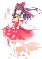 Rule 34 | 1girl, ascot, bare shoulders, black hair, blouse, bow, character name, detached sleeves, flower, frills, full body, hair bow, hair tubes, hakurei reimu, jpeg artifacts, long hair, looking at viewer, nontraditional miko, open mouth, orange eyes, shadow, shirt, skirt, skirt hold, skirt set, smile, socks, solo, touhou, white background, wide sleeves, wind, yada (xxxadaman)