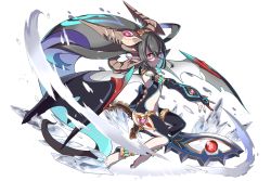 Rule 34 | 1girl, bat wings, black hair, bright pupils, elbow gloves, full body, fullbokko heroes, gloves, highres, holding, horns, ice, long hair, magic, nail polish, navel, official art, pointy ears, red eyes, simple background, solo, white background, wings