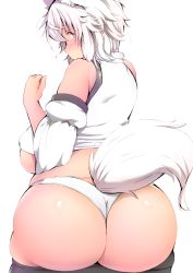 Rule 34 | 1girl, animal ears, ass, bare shoulders, blush, breasts, detached sleeves, from behind, huge ass, inubashiri momiji, large breasts, looking at viewer, panties, plump, red eyes, sagging breasts, shishi juuroku, sideboob, solo, tail, thick eyebrows, touhou, underboob, underwear, white hair, white panties, wolf ears, wolf tail