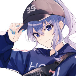 Rule 34 | 1girl, black hat, blue eyes, blue hair, blue hoodie, hat, highres, holding, holding clothes, holding hat, hololive, hood, hoodie, hoshimachi suisei, looking at viewer, nail polish, ponytail, shishamope, solo, star (symbol), star in eye, symbol in eye, virtual youtuber