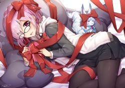 Rule 34 | 1girl, :d, :o, bed sheet, black-framed eyewear, black dress, black pantyhose, blush, bow, bowtie, box, capelet, creature, dress, fate/grand order, fate (series), feet out of frame, fou (fate), glasses, grey jacket, hair bow, hair over one eye, heart-shaped box, holding, holding box, hood, hood down, hooded jacket, jacket, long sleeves, looking at viewer, lying, mash kyrielight, on bed, on side, open clothes, open jacket, open mouth, pantyhose, pillow, pink hair, purple eyes, red bow, red neckwear, red ribbon, ribbon, short hair, shuutou haruka, signature, simple background, smile, tareme, track jacket, white background