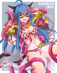 Rule 34 | 1girl, 20nigu, ahoge, animal ears, argyle, argyle clothes, argyle dress, bangle, blue background, blue eyes, blue hair, blush, bracelet, breasts, cat ears, cat girl, cat tail, character name, commentary request, commission, detached sleeves, dress, eye mask, feet out of frame, fur collar, goinkyo, hair between eyes, jewelry, long hair, medium breasts, no panties, open mouth, paid reward available, ragnarok online, see-through, see-through dress, signature, simple background, skeb commission, sleeveless, sleeveless dress, solo, sorcerer (ragnarok online), tail, tentacles, tentacles under clothes, two-tone background, white background, white dress, white sleeves