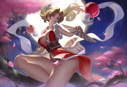 Rule 34 | 1girl, absurdres, blonde hair, breasts, cherry blossoms, cleavage, convenient censoring, fatal fury, full moon, hand fan, highres, large breasts, looking at viewer, moon, night, outdoors, ponytail, shiranui mai, solo