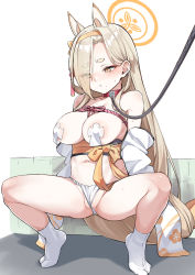 Rule 34 | 1girl, animal ears, areola slip, ass, bare shoulders, bdsm, blonde hair, blue archive, blush, breasts, brown eyes, cleavage, collar, covered erect nipples, eyeliner, fundoshi, hair over one eye, hairband, halo, highres, japanese clothes, kaho (blue archive), konnyaku (kk-monmon), leash, long hair, makeup, mole, mole under mouth, navel, off shoulder, pasties, sash, slave, socks, solo, spread legs, squatting, sweat, tabi, tiptoes, very long hair, white socks