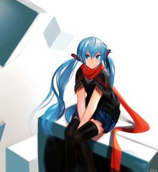 Rule 34 | 1girl, alternate eye color, alternate hair color, artist name, black thighhighs, blue eyes, blue hair, capelet, casual, cube, hair ornament, hatsune miku, kky, long hair, matching hair/eyes, red scarf, scarf, sitting, skirt, smile, solo, thighhighs, twintails, v-neck, v arms, very long hair, vocaloid, zettai ryouiki