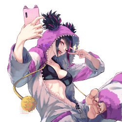 Rule 34 | 1girl, absurdres, black bra, black hair, black nails, blunt bangs, border, bra, breasts, candy, cleavage, collarbone, food, full-length zipper, hair through hood, han juri, highres, holding, holding phone, hood, hoodie, large breasts, lollipop, long sleeves, looking at viewer, multicolored hair, navel, one eye closed, onesie, open pajamas, pajamas, phone, pink pajamas, pom pom (clothes), purple eyes, purple hair, r1nzo, silk, simple background, smile, solo, spider web, streaked hair, street fighter, tongue, tongue out, underwear, v, white background, white border, wide sleeves, zipper, zipper pull tab