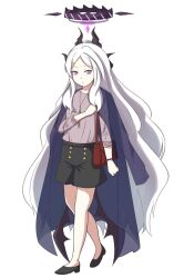 Rule 34 | 1girl, ahoge, alternate costume, bag, black coat, black shorts, blue archive, casual, coat, coat on shoulders, commentary request, demon girl, demon horns, demon wings, forehead, full body, grey shirt, hair ornament, hairclip, halo, handbag, high-waist shorts, high heels, highres, hina (blue archive), horns, jewelry, long hair, long sleeves, looking at viewer, necklace, open clothes, open coat, parted bangs, parted lips, pendant, purple eyes, shirt, short shorts, shorts, sidelocks, simple background, solo, walking, wavy hair, white background, white hair, wings, yukimi unagi