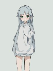 Rule 34 | 1girl, blue hair, blush, green eyes, grey background, hand to own mouth, highres, if959u, index (toaru majutsu no index), long hair, looking at viewer, no pants, shirt, simple background, sketch, sleeves past wrists, smile, solo, thighs, toaru majutsu no index, white shirt