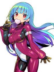 Rule 34 | 1girl, blue hair, breasts, candy, eyebrows, food, kula diamond, lollipop, long hair, looking at viewer, medium breasts, onono imoko, red eyes, simple background, solo, the king of fighters, very long hair, white background
