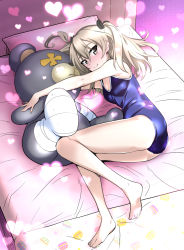 Rule 34 | 1girl, bandages, barefoot, bed, bed sheet, black ribbon, blue one-piece swimsuit, blush, boko (girls und panzer), breasts, brown eyes, cleavage, closed mouth, commentary, competition school swimsuit, crotch seam, fetal position, food, food print, from above, from side, girls und panzer, hair ribbon, heart, highres, holding, holding stuffed toy, legs, light brown hair, lights, long hair, looking at viewer, lying, macaron, nakahira guy, on bed, on side, one-piece swimsuit, pillow, ribbon, school swimsuit, shimada arisu, side ponytail, small breasts, smile, solo, stuffed animal, stuffed toy, swimsuit, teddy bear, thighs