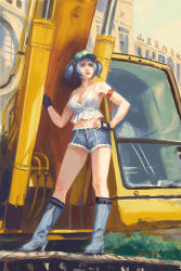 Rule 34 | alternate costume, amibazh, blue eyes, blue footwear, blue hair, boots, breasts, bush, cleavage, day, denim, denim shorts, fingerless gloves, flat cap, gloves, green hat, hair bobbles, hair ornament, hand on own hip, hat, high heel boots, high heels, kawashiro nitori, knee boots, large breasts, medium hair, outdoors, red ribbon, ribbon, rubber boots, short twintails, shorts, sidelocks, solo, tagme, tank top, touhou, twintails, two side up