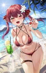 Rule 34 | 1girl, :d, beach, bikini, black choker, blue sky, breasts, cherry, choker, cleavage, cloud, cup, day, drinking glass, drinking straw, food, fruit, heart, heterochromia, highres, holding, holding cup, holding food, holding fruit, hololive, houshou marine, ice cream, ice cream float, large breasts, looking at viewer, multi-strapped bikini, nail polish, navel, o-ring, o-ring thigh strap, ocean, open mouth, outdoors, red bikini, red eyes, red hair, red nails, satoupote, skindentation, sky, smile, solo, stomach, sunlight, swimsuit, thigh gap, thigh strap, thighs, twintails, virtual youtuber, water, wet