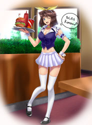 Rule 34 | 1girl, ;d, absurdres, alternate costume, armband, black footwear, blue choker, blue eyes, blue vest, bow choker, breasts, brown hair, burger, choker, cleavage, cup, disposable cup, drink, drinking straw, food, frilled armband, frills, full body, hairband, hand on own hip, highres, holding, holding tray, indoors, ketchup bottle, large breasts, looking at viewer, mazaki anzu, midriff, miniskirt, muto dt, navel, one eye closed, open mouth, pleated skirt, shoes, short hair, skirt, smile, solo, speech bubble, standing, table, thighhighs, tray, vest, waitress, white hairband, white skirt, white thighhighs, wrist cuffs, yu-gi-oh!, zettai ryouiki