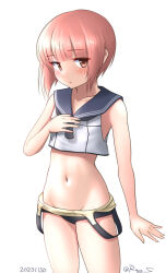 Rule 34 | 1girl, black neckerchief, black one-piece swimsuit, clothes pull, crop top, dated, grey sailor collar, groin, hand on own chest, kantai collection, navel, neckerchief, one-hour drawing challenge, one-piece swimsuit, one-piece swimsuit pull, ray.s, red eyes, red hair, sailor collar, school swimsuit, shirt, short hair, simple background, sleeveless, sleeveless shirt, solo, swimsuit, swimsuit under clothes, twitter username, white background, white shirt, z3 max schultz (kancolle)