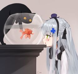 Rule 34 | 1girl, aged down, animal, ankkoyom, bad id, bad pixiv id, blue hair, blush, bow, bowtie, cat, facial mark, fish, fishbowl, girls&#039; frontline, goldfish, green eyes, hat, hk416 (black kitty&#039;s gift) (girls&#039; frontline), hk416 (girls&#039; frontline), long hair, official alternate costume, open mouth, solo, water