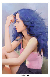 Rule 34 | 1girl, arm rest, artist name, blue eyes, blue hair, border, from side, long hair, looking afar, messy hair, mu si (africas), original, pink tank top, simple background, sitting, solo, tank top