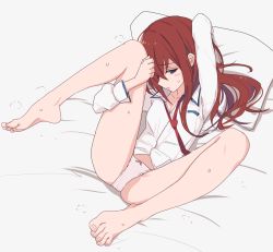 Rule 34 | 1girl, arm around leg, barefoot, blue eyes, blush, bow, bow panties, breasts, brown hair, collarbone, dress shirt, highres, kahlua (artist), long hair, looking at viewer, looking away, lying, makise kurisu, necktie, on back, on bed, open mouth, panties, pillow, pink panties, red necktie, shirt, sideways mouth, small breasts, solo, steins;gate, sweat, underwear, white panties, white shirt